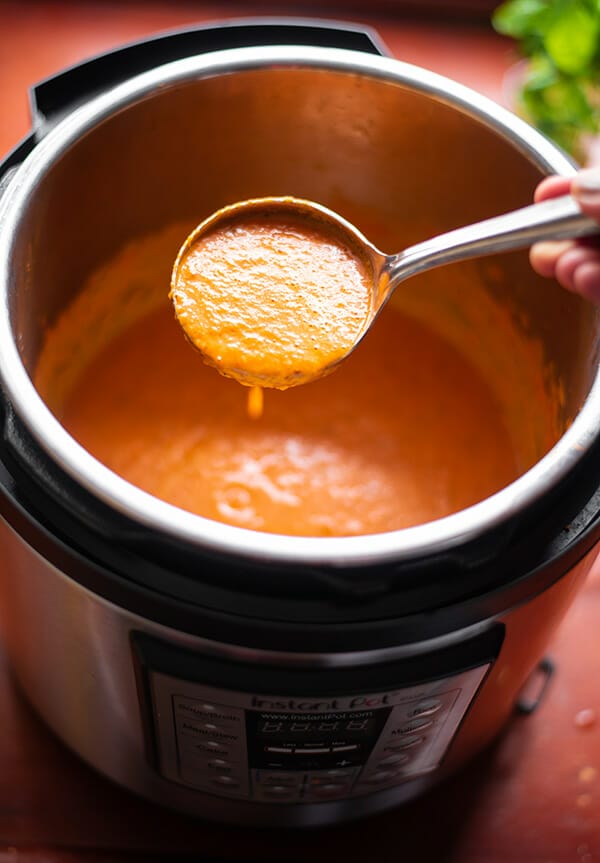 Recipe for Instant Pot Creamy Tomato Basil Soup using Greek yogurt