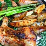 sheet pan balsamic and rosemary chicken quarters with potato wedges