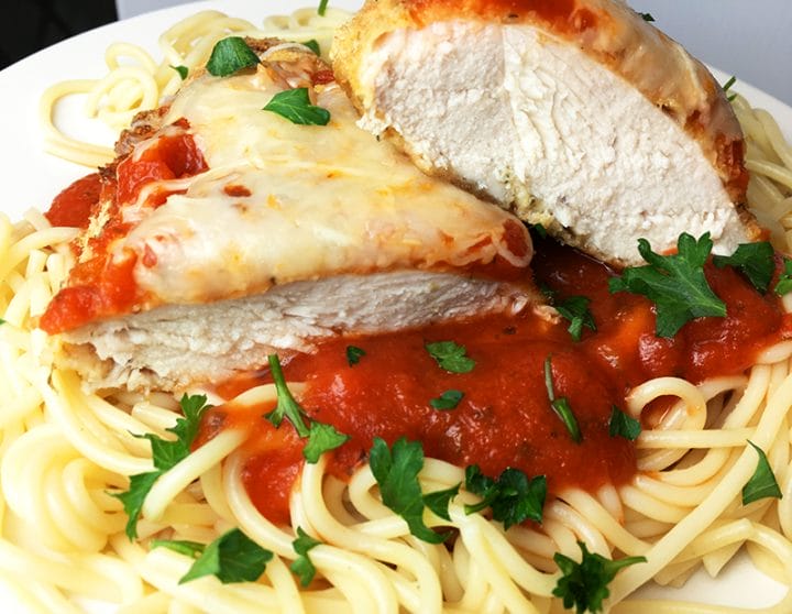 Baked chicken parmesan with spaghetti