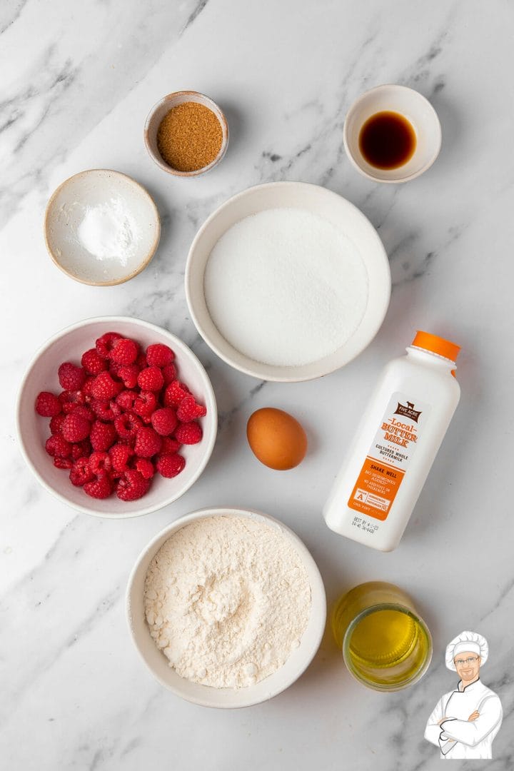 All the ingredients needed to make delicious, easy raspberry muffins.