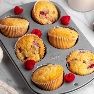 Deliciously moist raspberry muffins.