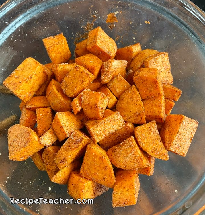 Recipe for air fryer roasted sweet potato chunks.