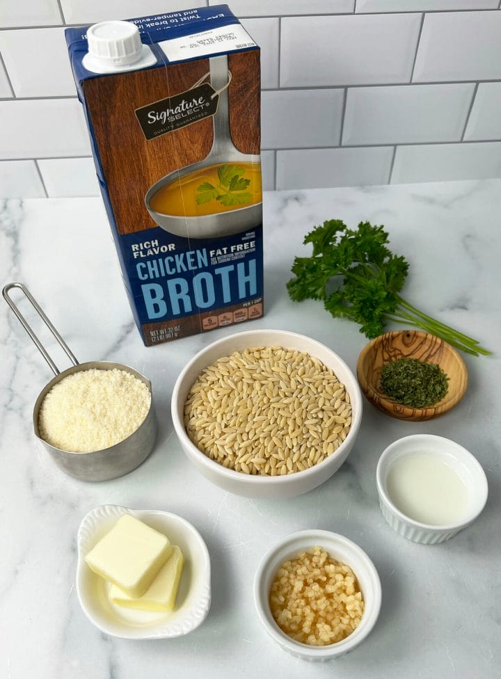 All the ingredients to make Instant Pot Garlic Parmesan Orzo