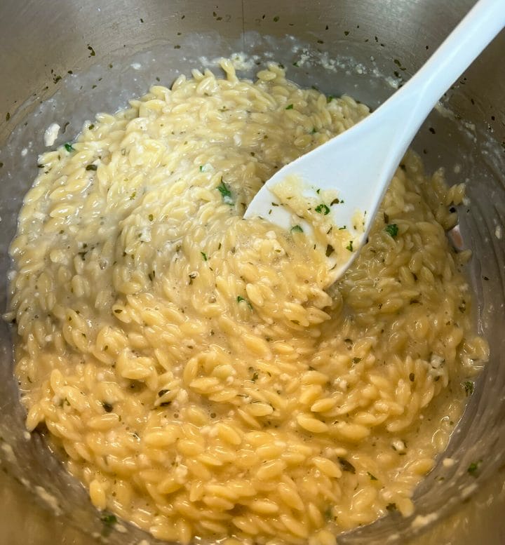 Recipe for garlic parmesan orzo made in an Instant Pot.