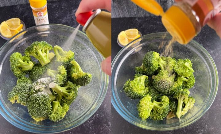 Recipe for roasted air fryer broccoli.