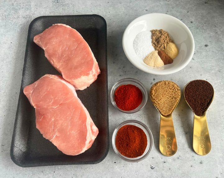 All the ingredients for air fryer coffee crusted pork chops