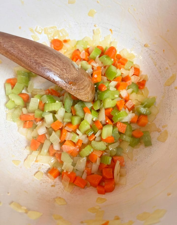 Cooking the vegetables for Jason's red lentil soup recipe.