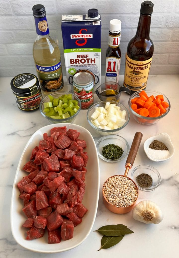 All the ingredients for a delicious, filling meal of Instant Pot beef barley soup.