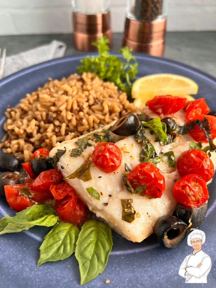 Easy recipe for oven baked Mediterranean cod.
