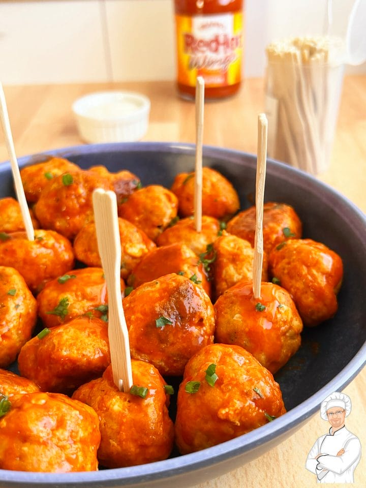 Recipe for buffalo chicken meatballs that is easy and takes only 30 minutes.