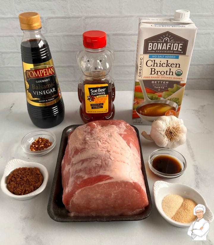 All the ingredients to make a mouthwatering slow cooker balsamic pork loin roast