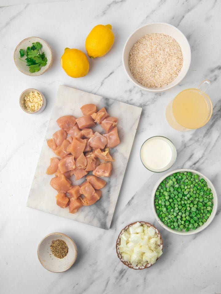 All the ingredients to make Instant Pot creamy lemon chicken and rice.