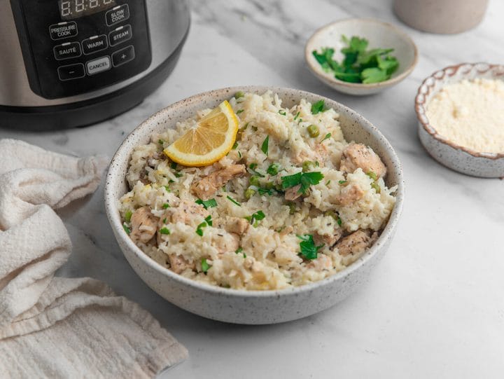 Recipe for Instant Pot creamy lemon chicken and rice.