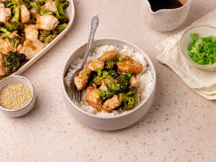 Serving our sheet pan teriyaki chicken and broccoli with sesame seeds and fresh scallions. 