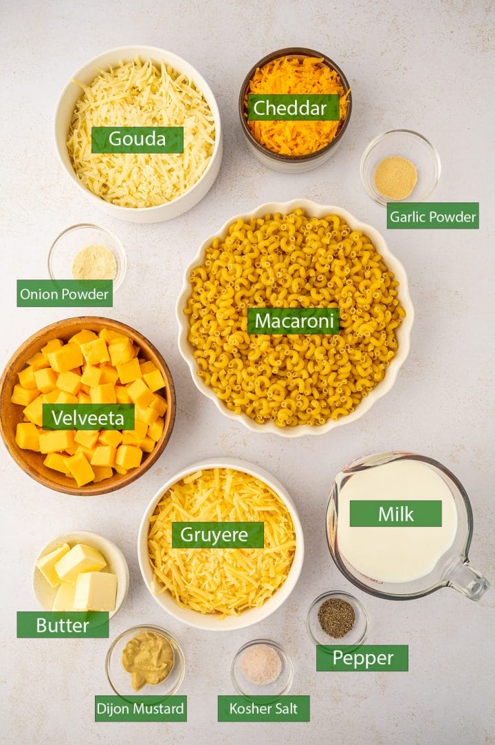 All the ingredients needed for making baked mac and cheese.