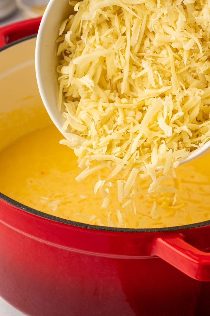 Adding the shredded cheeses to make our cheese sauce for a baked mac and cheese recipe.