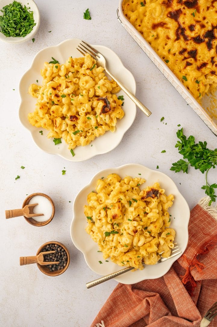 Serving baked mac and cheese in bowls.
