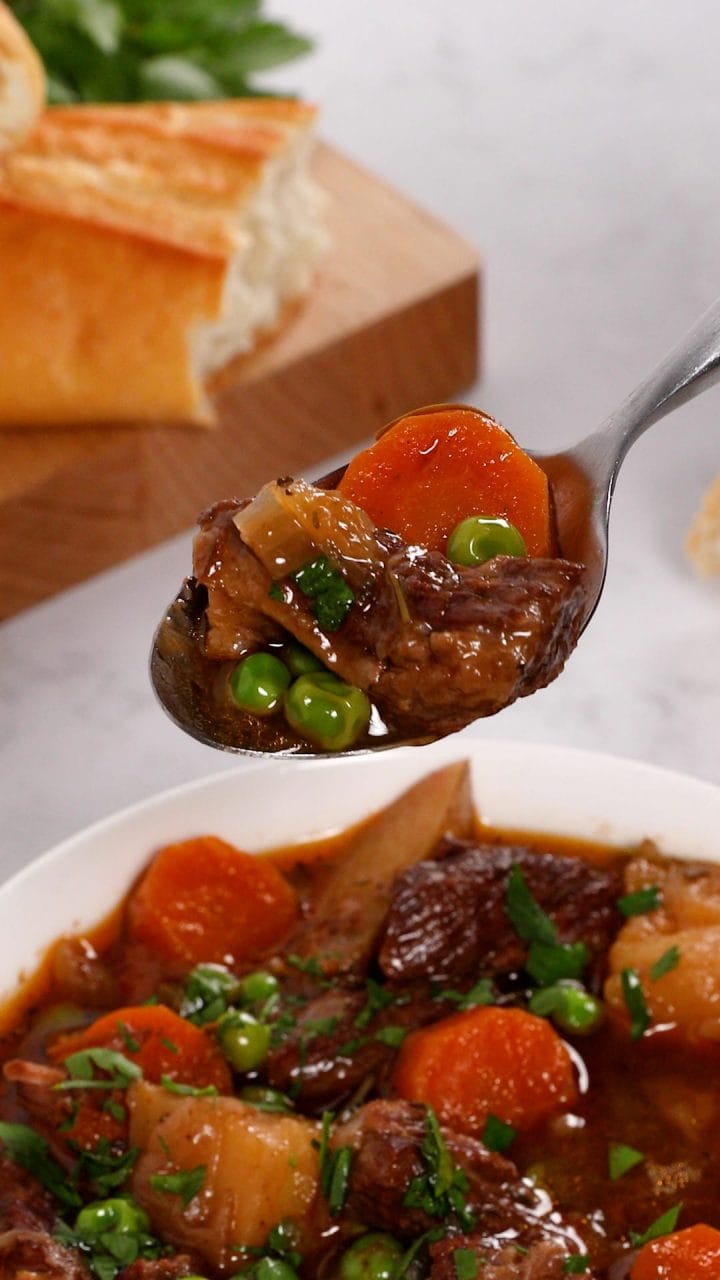 a spoonful of Instant Pot beef stew.