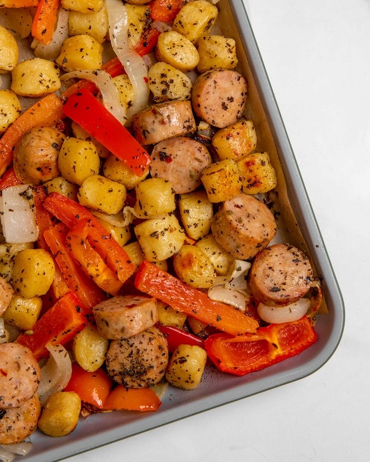 Recipe for sheet pan gnocchi with sausage, peppers and onion.