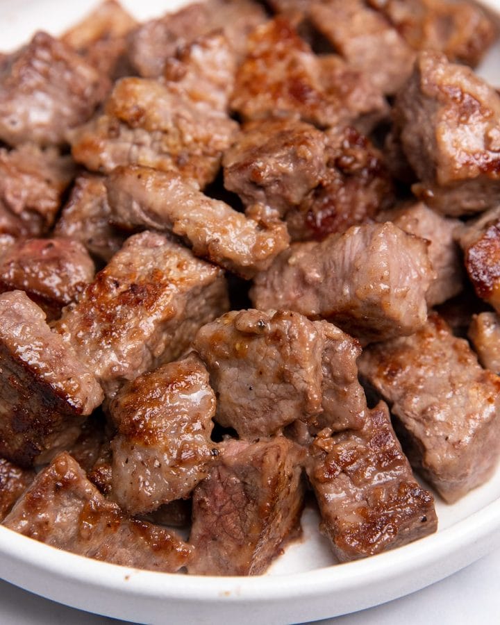 Browned beef chunks for beef stew recipe.