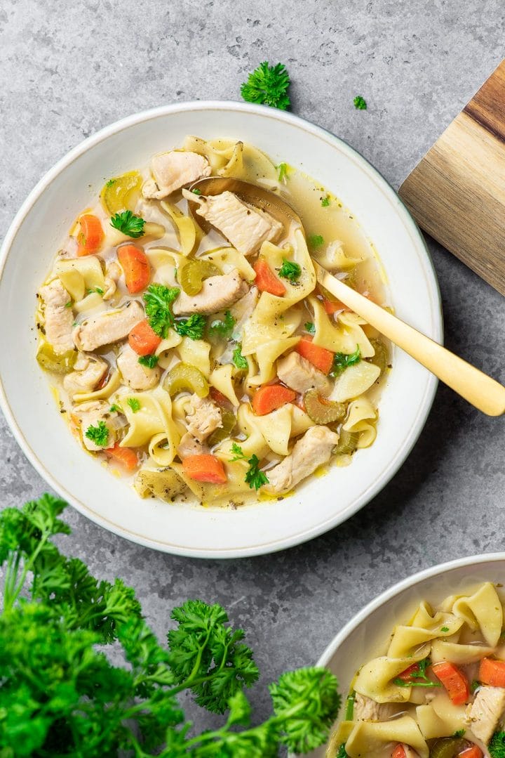 A bowl of delicious, homemade Instant Pot chicken noodle soup.