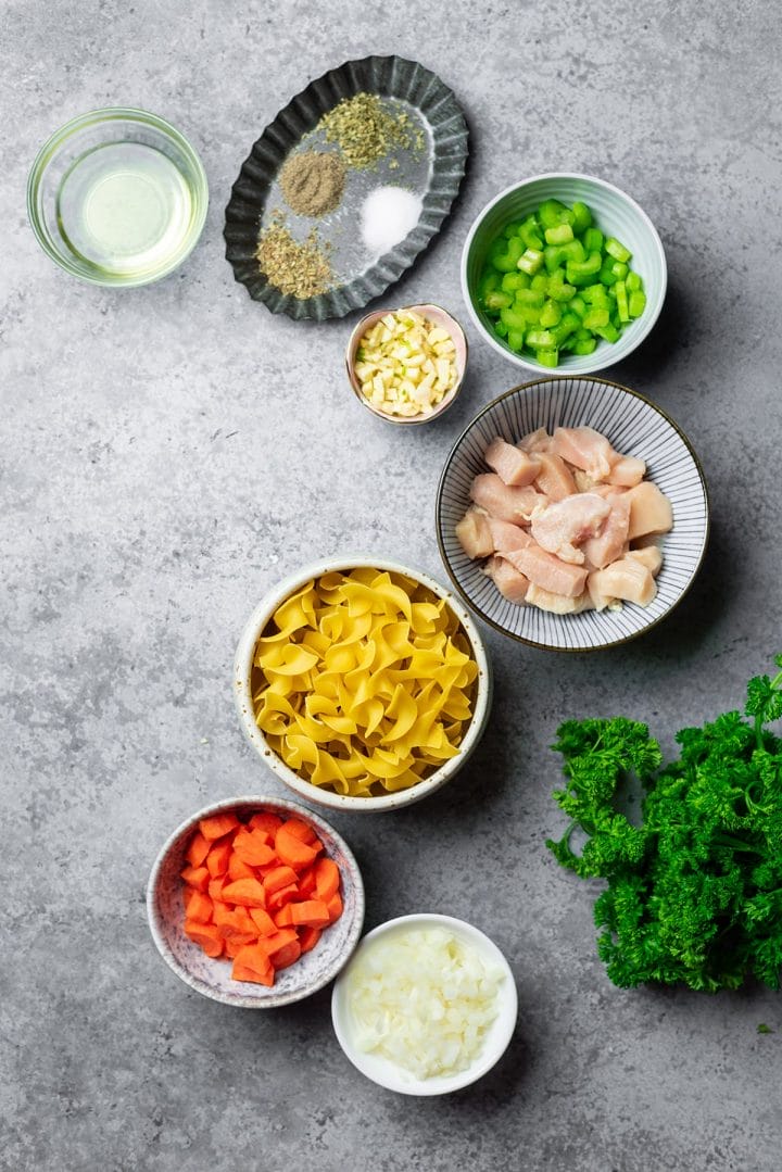 All the ingredients to make delicious Instant Pot chicken noodle soup.