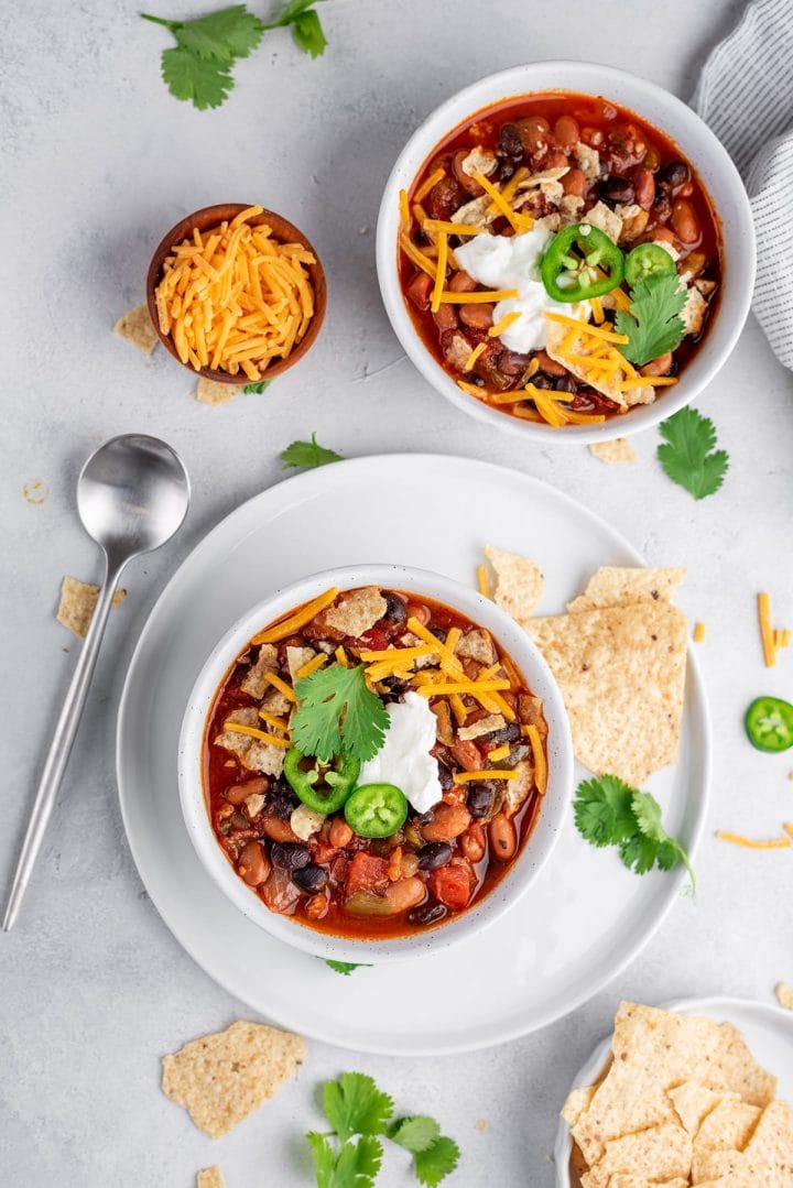 2 bowls of Instant Pot Vegetarian Chili made in an Instant Pot.