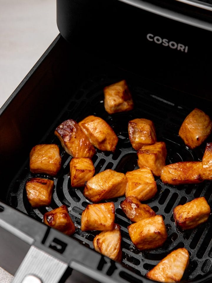 Air fryer salmon bites cooked to perfection in an air fryer.