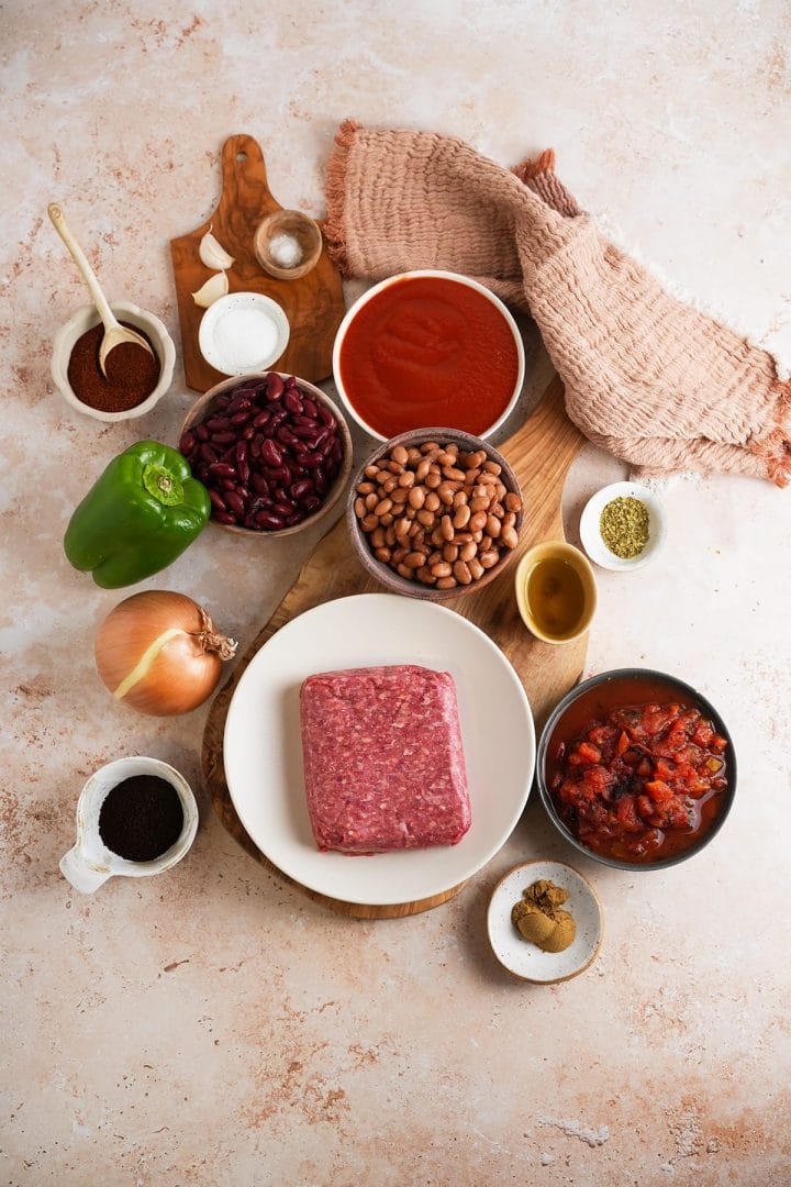 All the ingredients to make slow cooker chili.